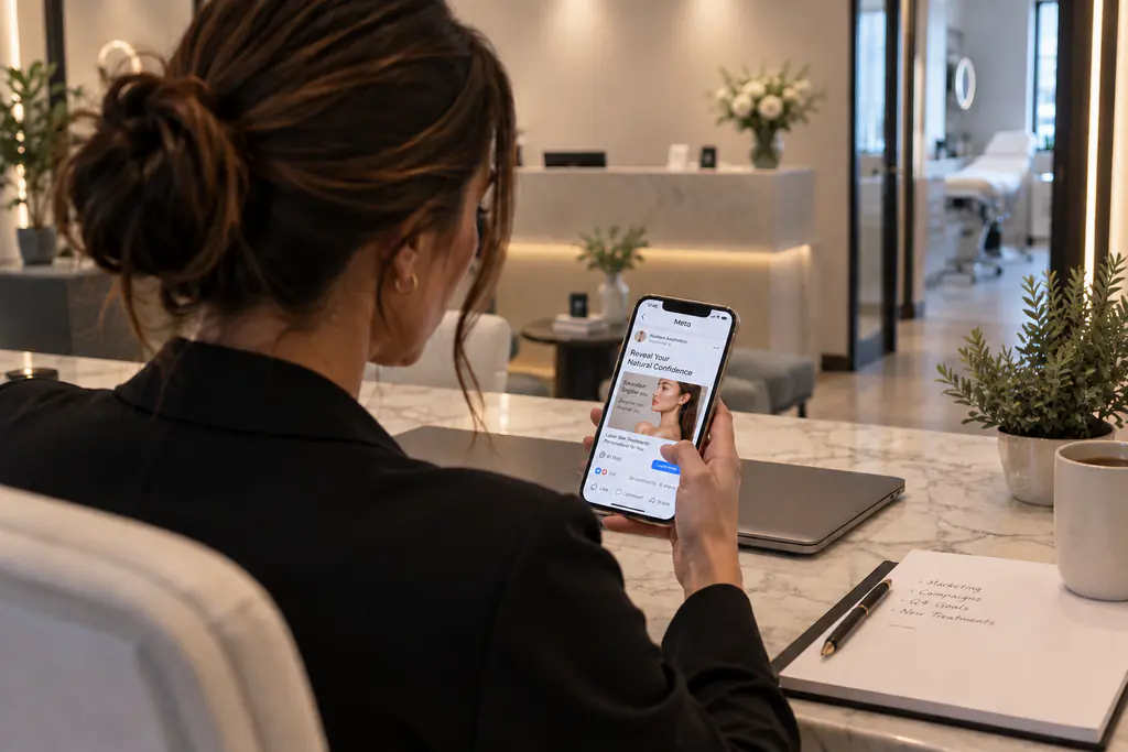 A person in a dark blazer, seen from behind at a marble reception desk, reviewing an aesthetic treatment advert on a smartphone.