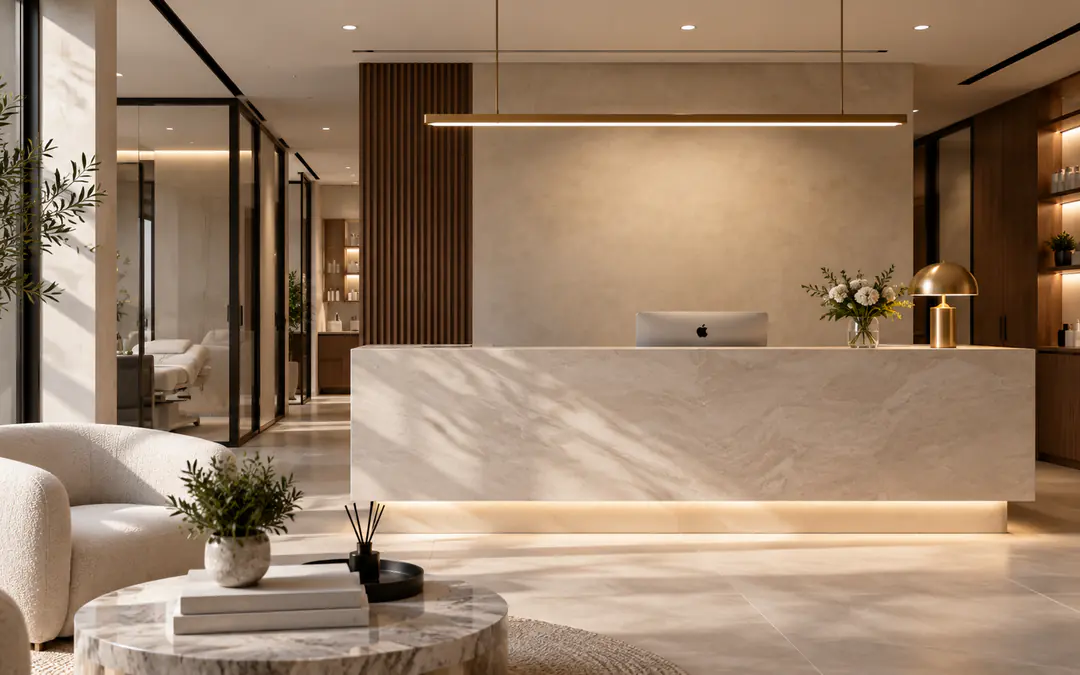A premium aesthetic clinic reception: a stone desk under a linear brass light, timber slats, glass-walled treatment rooms and a boucle armchair in warm daylight.